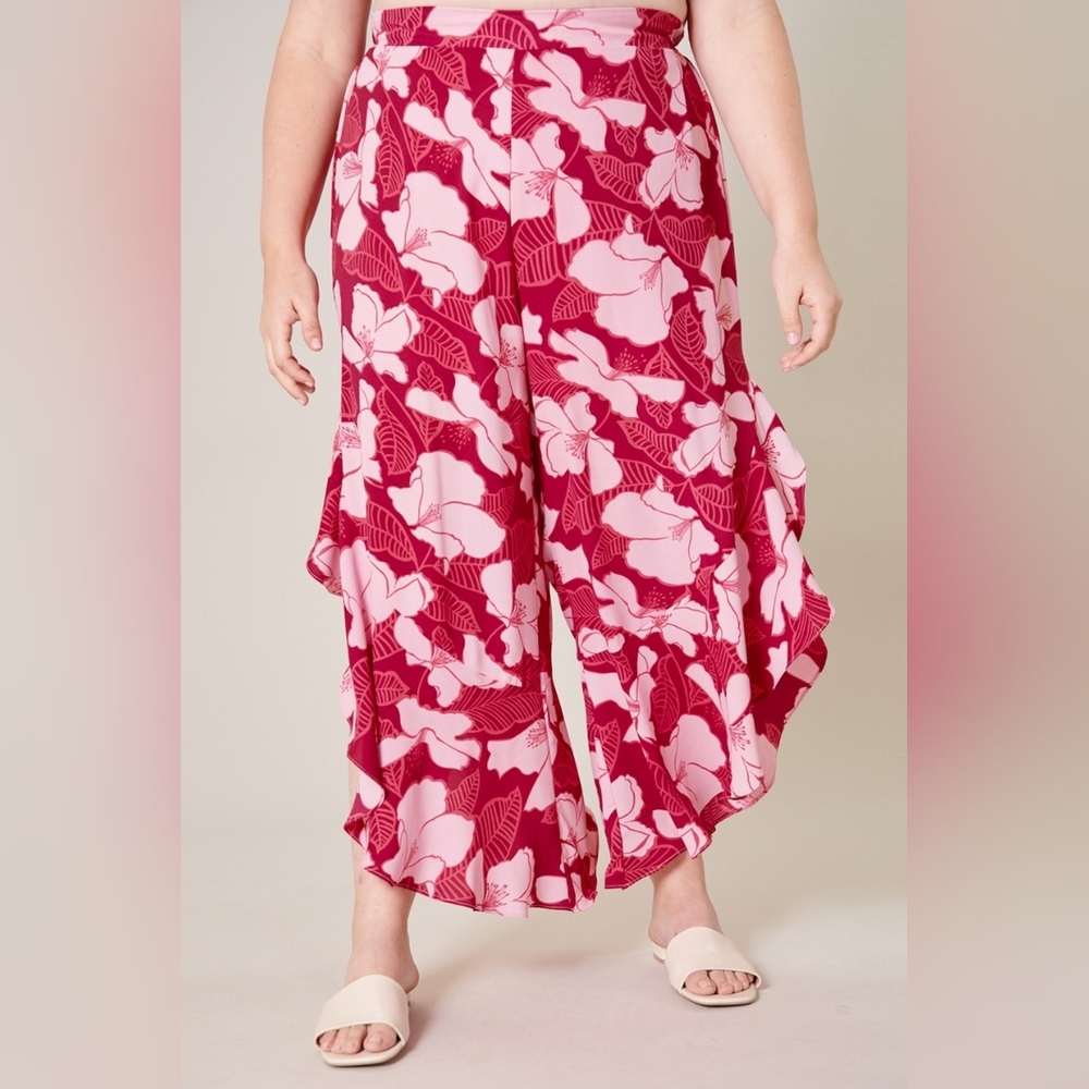 Sugarlips Floral Ginger Berry Ruffle Side Slit Pants (nwt) - Avail In Plus Size - Picture 2 of 6